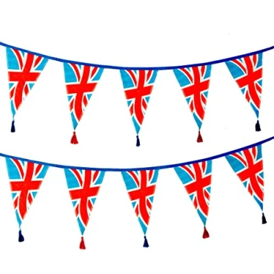 Image of Union Jack Fabric Bunting Red White and Blue King Charles Coronation Street Party Decorations 100% Cotton Flags, Patriotic, England, World Cup, 3m length