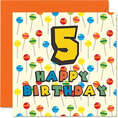 Image of 5th Birthday Card Unisex Lollipop Sweets Candy Happy 5 Year Old Son Daughter Brother Sister Grandson Granddaughter Niece Nephew Cousin, 145mm x Fifth Bday Greeting