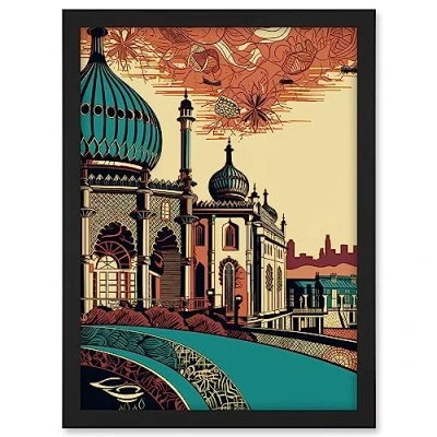 Image of Artery8 Brighton City Royal Pavilion Ornate Illustration Artwork Framed A3 Wall Art Print