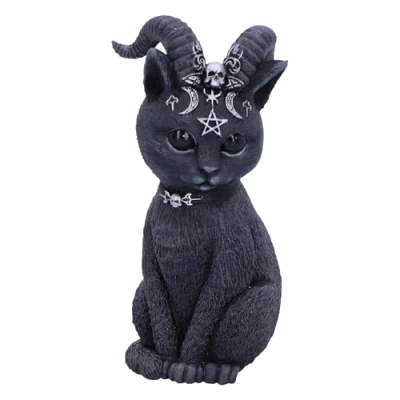 Image of Nemesis Now Cult Cuties Pawzuph Figurine 11cm, Resin, Black, Scarily Adorable Horned Cat, Adorned with Small Skulls, Pentagrams and Moons, Cast in the Finest Hand Painted