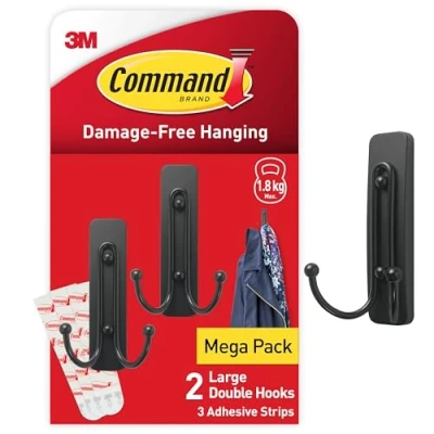 Image of Command Decorative Hook, Matte Black Double Indoor use 2 Metal Medium Hooks and 3 Adhesive Strips Hang Jackets, Purses, Handbags, Backpacks, Hats, Scarves, Dog leads Organise Damage Free