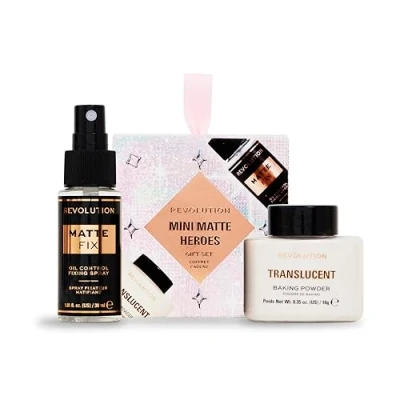 Image of Revolution Beauty Mini Matte Heroes Makeup Gift Set, Kit of Fixing Spray &amp; Translucent Baking Powder, Vegan Cruelty Free