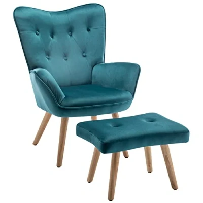 Image of HollyHOME Armchair with Footstool Bedroom Chair Living Room Chair, Velvet Reading Accent Comfy Lounge Leisure Chairs, Teal
