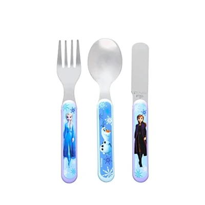 Image of Disney II Frozen 3 Piece Cutlery Set Metal, Reusable Children&#039;s Knife, Fork &amp; Spoon, Kids Size, Made from Food Safe Stainless Steel ABS Plastic with Elsa, Anna Olaf for 12 Months Up, 18/8
