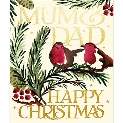 Image of Woodmansterne Mum and Dad Christmas Card Robins on a Pine Branch with Foil Embossed Finish Emma Bridgewater Design Eco Friendly Recyclable