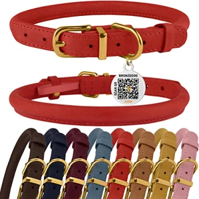 Image of BRONZEDOG Rolled Leather Dog Collar with QR ID Tag Adjustable Soft Round Collars for Small Medium Large Dogs Puppy Cat (Classic Red, 35 41 cm)