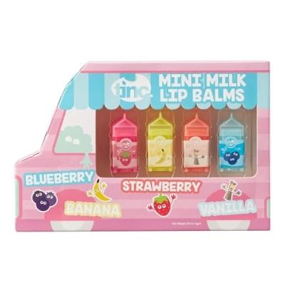Image of Tinc Mini Milk Lip Balms Delicious Fruity Scents: Strawberry, Banana, Vanilla and Blueberry Keeps Lips Moist Gift Idea Four Scents