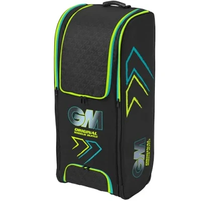 Image of Gunn &amp; Moore GM Cricket Duffel Bag Original Wheelie Duffle All Terrain Wheels Shoe Tunnel, Two Pad Pockets Padded Straps Volume 126 litres Tough 600 Denier Polyester Aion Cyan Fluro