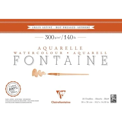 Image of Clairefontaine Ref 96345C Fontaine Hot Pressed Watercolour Glued Pad (20 Sheets) 26 x 36cm Size, 300gsm Paper Suitable for Artwork