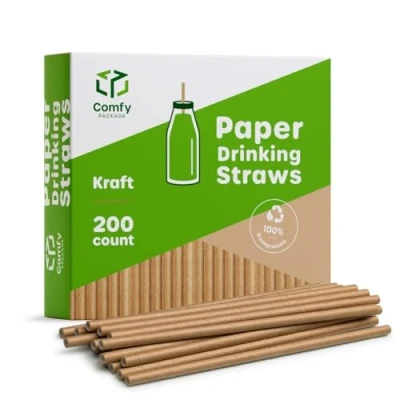 Image of Comfy Package Kraft Paper Drinking Straws [200 Pack] 100% Biodegradable &amp; Ink Free