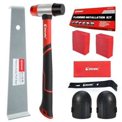Image of EZARC Laminate Flooring Tools with Double Faced Mallet, Heavy Duty Pull Bar, Tapping Block, Knee Pads and 50 Floor Spacers Kit for Wood Installation