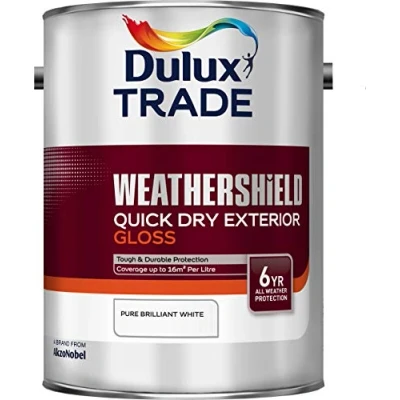 Image of Dulux Trade Weathershield Quick Dry Exterior Gloss Pure Brilliant White 5 Litres