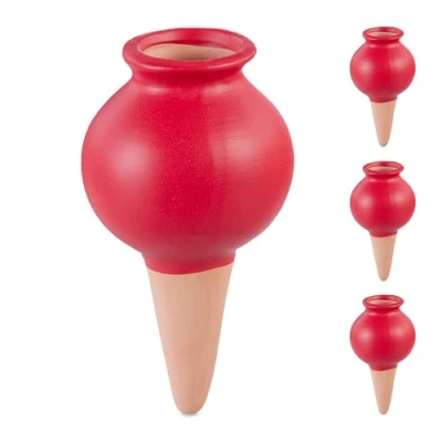Image of Relaxdays Clay Globes Set of 4, Houseplants &amp; Flowerbeds, Automatic Watering, Ceramic, Vacation Office, Terracotta/Red, 12 x 6 cm