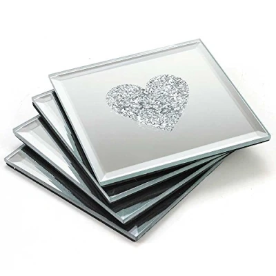 Image of Angraves Lustre Love Heart Silver Sparkle Glitter Mirrored Glass Coaster Set of 4