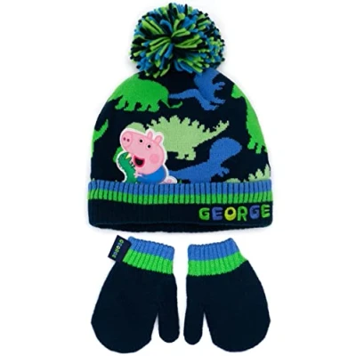 Image of Peppa Pig George Hat and Mittens Set Kids Children Toddlers Boys Blue Green Dinosaur Winter Double Lined Beanie Gloves One Size