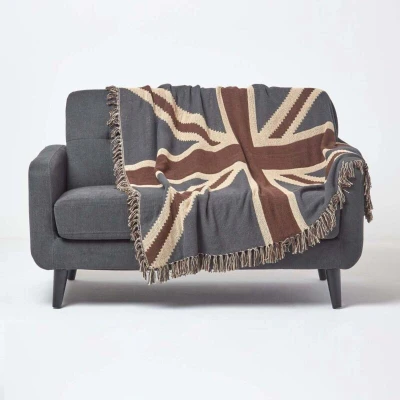 Image of HOMESCAPES 100% Cotton Hand Woven Union Jack Flag Throw 150 x 200 cm United Kingdom Jacquard Sofa Armchair Blanket with Fringes