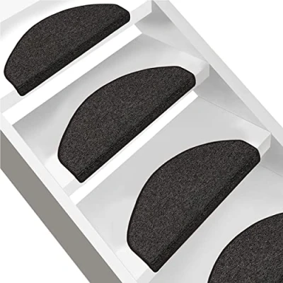 Image of FLODI. Carpet Stair Treads Non Slip, London, Set of 15 Pieces, Step Mats Self Adhesive Staircase Runner Pads (Anthracite, Semicircular 23 x 65 cm)