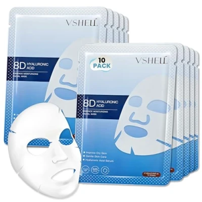 Image of Skincare Facial Mask VSHELL (Pack of 10) Ultimate Sheet Mask: Brightening, Anti Aging, Hydrating, and Skin Tone Evenness (8D Hyaluronic Acid)