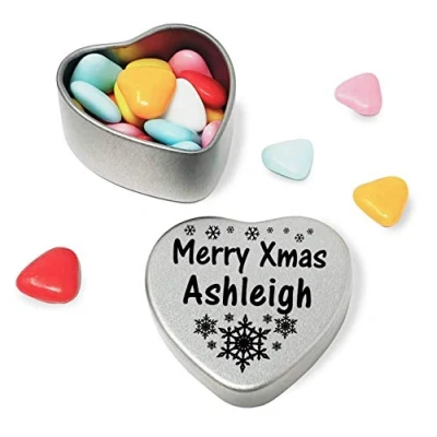 Image of Gift In Can Merry Xmas Ashleigh Heart Shaped mini Tin filled with coloured chocolates perfect christmas card alternative for Fun Festive Snowflakes Design