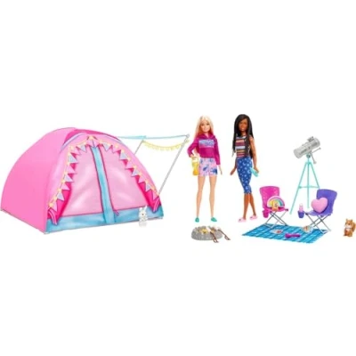 Image of Barbie It Takes Two Camping Playset with Tent, 2 Dolls &amp; 20 Pieces Including Animals, Telescope Accessories, Toy for 3 Year Olds Up, HGC18