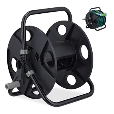 Image of Relaxdays Reel, 30 m 1/2&quot; Hoses, Freestanding, H x W D: 38 42 31 cm, Steel, Plastic, Black/Grey, 50%