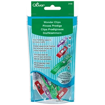 Image of Clover Wonder Clips Assorted Pack, 26 Pieces, Plastic, Metal, Fabric, Green, Red and Purple, Jumbo, Classic Mini