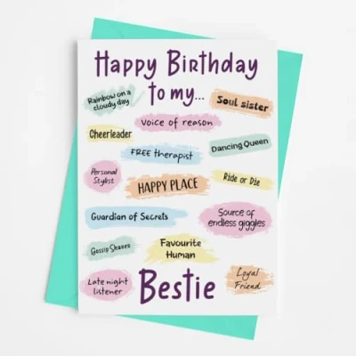 Image of Happy Birthday to my Bestie Cute Greetings Card for Best Friend Includes Teal Coloured Envelope