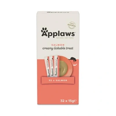 Image of Applaws Salmon Creamy Lickable Cat Treats for Cats and Kittens 32x15g, Grain Free Puree 15g Sachet