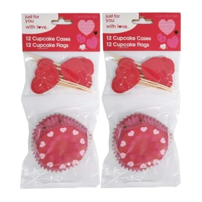 Image of 2 x 24 Piece Valentine Day Cupcake Kit with Welari Thank You Card (12x Case, 12x Heart Pick Flags) Muffin Baking Celebration Sweet Gift Present (48piece)