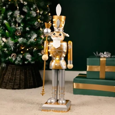 Image of Marco Paul 80cm Gold Nutcracker Soldier Statue with LED Lights Battery Operated Hand Painted Christmas Decor Metal InLit Indoor Ornaments for Decorations