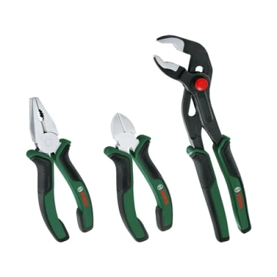 Image of Bosch Pliers Premium Set 3 Piece (3X Precise, Long Lasting Combination Pliers, Diagonal Side Cutter and Water Pump for Multitasking; Ergonomic Softgrip; Nickel Plated Surface) Amazon Edition