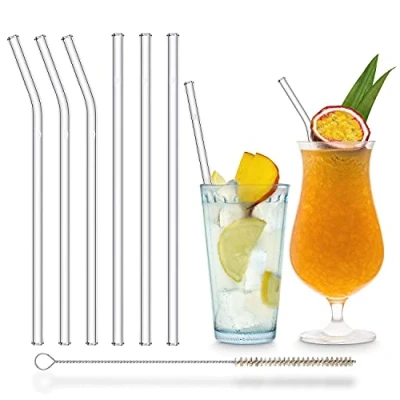 Image of Halm Glass Drinking Straws Reusable Sipping Tube 23 cm Straight &amp; Curved 6 Pieces Sip Tubes + Dishwasher Safe Sustainable Mixed Drink