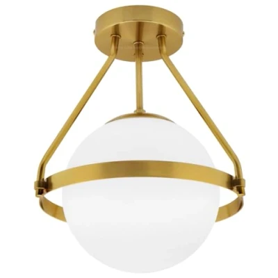 Image of Antique Brass Pendant Light Fixed, Opal Globe Ceiling Frosted Glass Lamp Shade H3141
