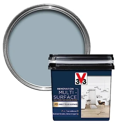 Image of V33 Renovation Multi Surface Paint Grey Blue 750ml Direct to 20 Surfaces Including Wood, Tiles &amp; Metal Resistance Water, Stains Impact High Coverage Washable Easy Maintenance