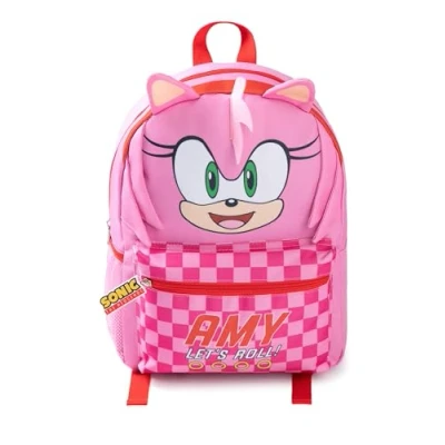 Image of Sonic the Hedgehog Kids Pink 3D Amy Backpack Character School Bag with Let&#039;s Roll! Text Zip Closure Carry for Books &amp; Lunch Boxes Merch Rucksack