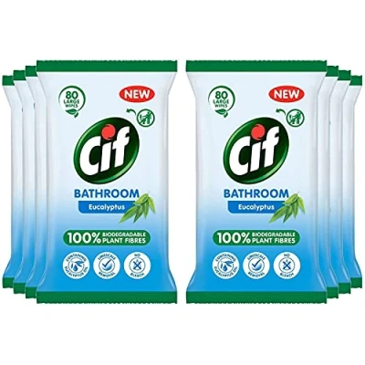 Image of Cif Bathroom Eucalyptus Wipes (8 packs x 80 Sheets) Antibacterial Cleaning Bundle