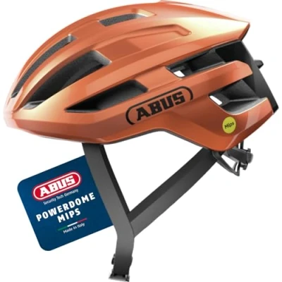 Image of ABUS PowerDome MIPS road bike helmet lightweight with clever ventilation system and impact protection Made in Italy for men women orange, size L