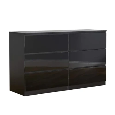 Image of Home Source Large 3+3 Chest of Drawers, High Gloss Front Compact Bedroom Cabinet, Spacious Wide Dresser Storage, 6 Drawer, Black