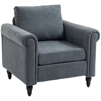 Image of HOMCOM Vintage Armchair, Upholstered Accent Chair with Back Pillow, Rolled Arms and Gourd Shaped Rubber Wood Legs, Single Sofa for Living Room, Reading Grey