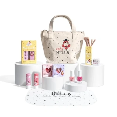 Image of Miss Nella makeup set for kids, &amp; nail polish little girls, Hypoallergenic, Dermatologically tested, Non toxic, in Canvas cosmetic bag, safe and fun (Bag Of Wonders, 10, count)