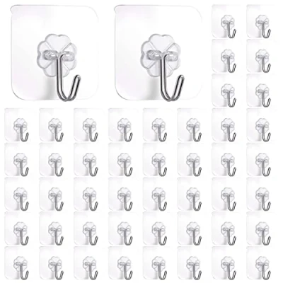 Image of VEGCOO 30 Packs Self Adhesive Hooks, Transparent Hook Stainless Hooks， Heavy Duty Wall Hooks 22 lb/10 kg(Max) Waterproof Trace Less Sticky Seamless for Hanging(60 mm)