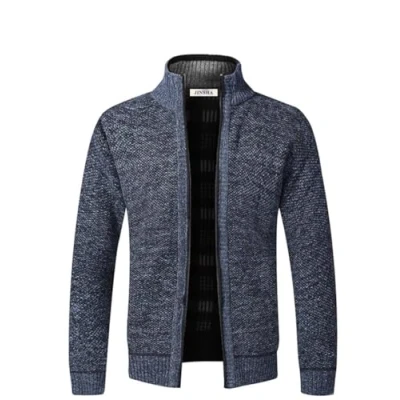 Image of Mens Knitted Cardigan Thick Sweater Full Zip Stand Collar Warm Jumper Fleece Lined Winter Coat(Blue Grey XL)