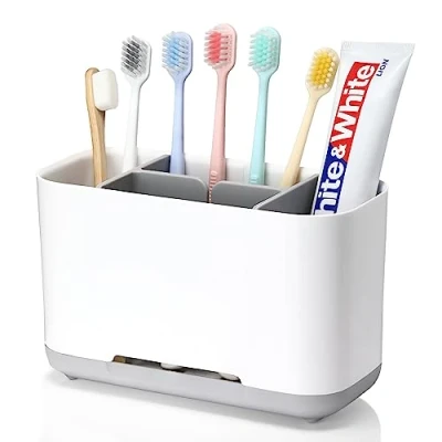 Image of Royouzi Toothbrush Holder, Electric Organiser, Adjustable Plastic Stand with Non Slip Base, 4 Compartments + 2 Storage Slots,White+gray