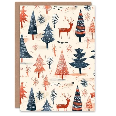 Image of Artery8 Winter Forest Trees Reindeer Snow Folk Blank For Him Or Her Art Xmas Festive Christmas Card