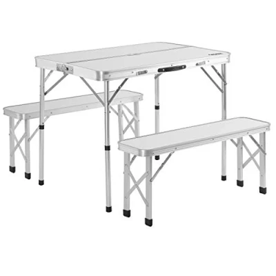 Image of CASARIA® 3pc Lightweight Folding Picnic Table and Bench Set Portable Weatherproof Height Adjustable Camping with Benches Foldable 4 Person Garden Dining Group 90x60cm White