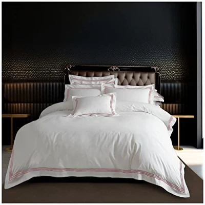 Image of Plain Dyed Duvet Cover Double, Hotel Quality Border Stripe Bedding Sets With Pillow Cases, White/Pink
