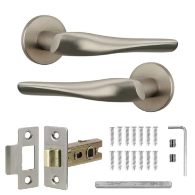 Image of Decoranddecor Satin Nickel Door Handles Internal Aluminium Handle Sets Silver for Wooden Interior Doors with Tubular Mortice Latch Nanda Range