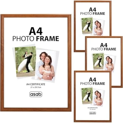 Image of ASAB Pack of 4 A4 Frame Wall Hanging Hooks Flat Classic Design Picture with Quick Photo Insertion Clear Acrylic Display for Table Top Home and Office (Light Brown)