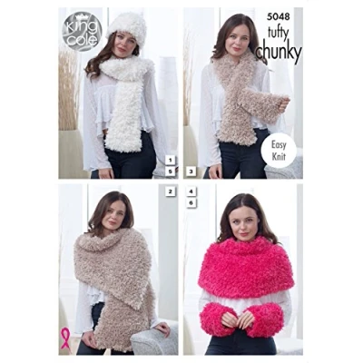 Image of King Cole Tufty Chunky Knitting Pattern Womens Easy Knit Scarf Wrap Cover Hat &amp; Wrist Warmers (5048)