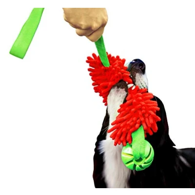 Image of DINGO Floatable Tug Toy with a Flavoured Ball and Bungee Handle, Handmade Dog Chaser for Play, of War, Agility, Fetch, Water Training, Microfiber Red 15588 2